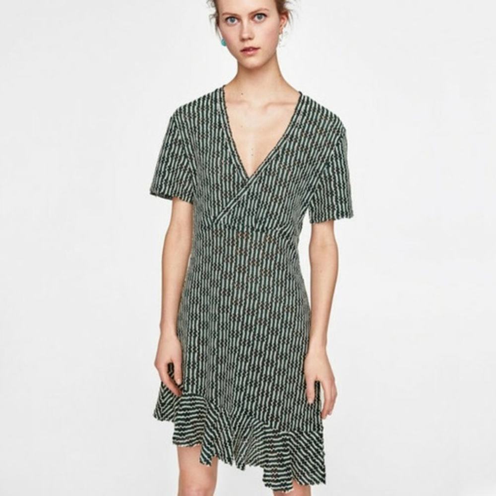 2/$30 ZARA Meshed Knit Asymmetrical Dress Black Flounce Hem Short Sleeve #6182